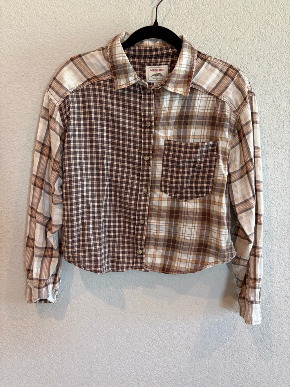 American Eagle Women’s Small Patchwork Plaid Button Up Shirt Brown Cream